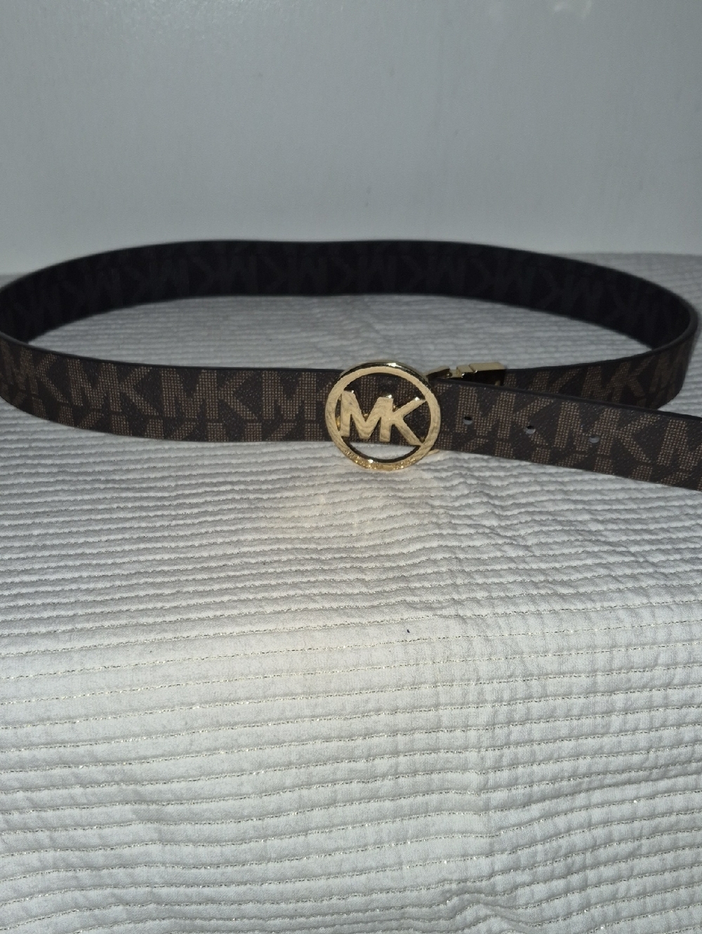 Michael Kors Brown MK Logo Belt with Gold MK Circle Buckle
